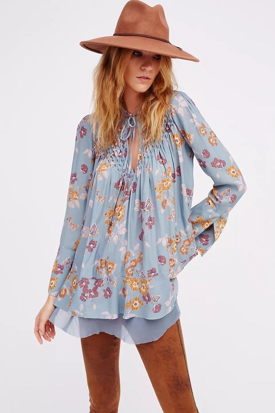 Free People Tunic Top Women's S Blue Floral So Fine Smocked Bell Sleeve Peasant
